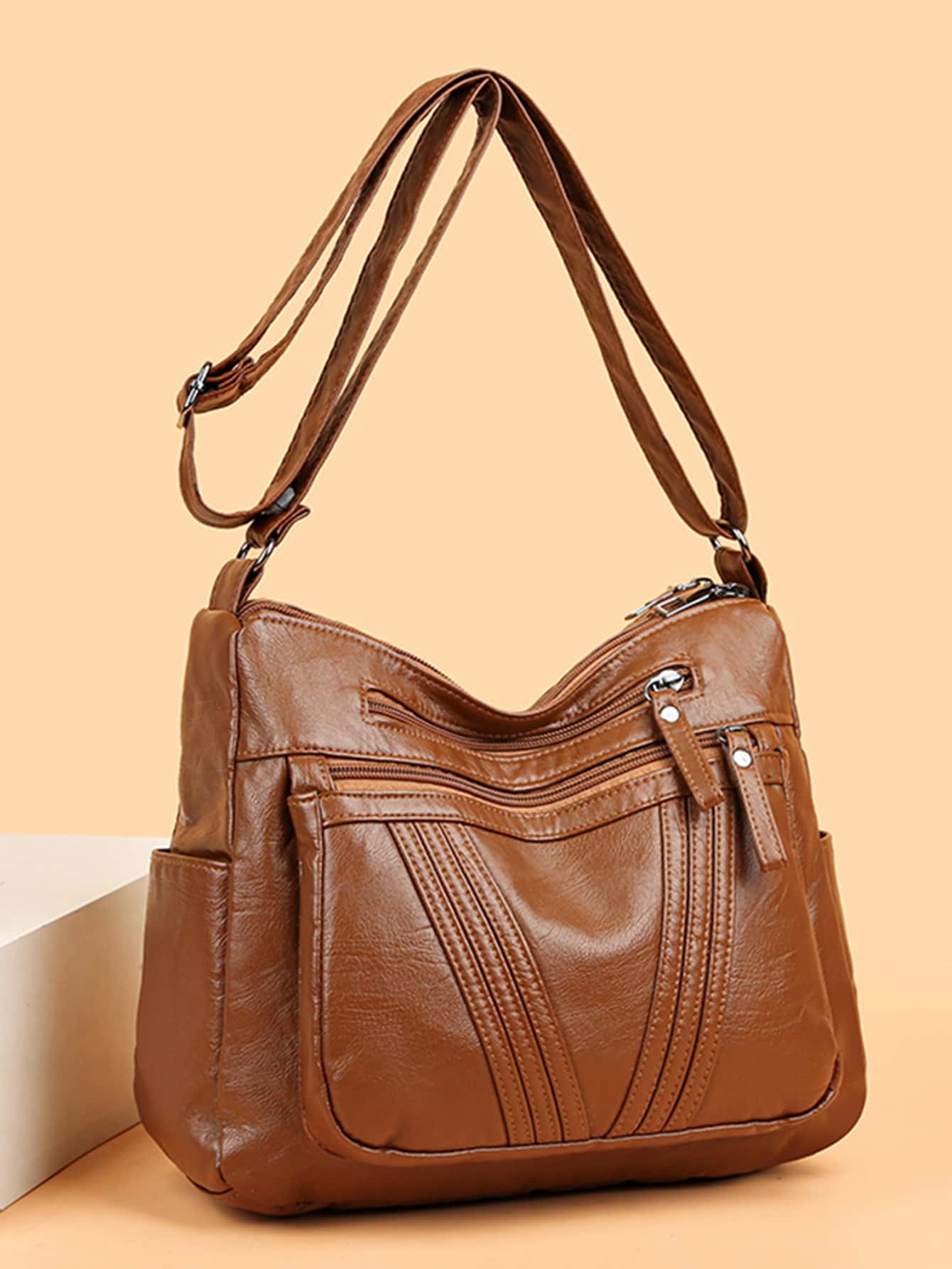 極簡風格多隔間流浪包 - 棕色 - 查看 1