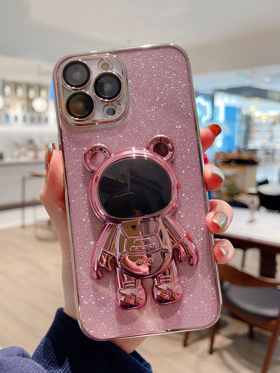 enchapado Funda para móvil con con diseño de astronauta Soporte - Rosa - Ver 1