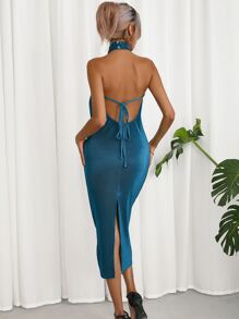 SHEIN Privé Solid Halter Neck Backless Dress - Teal Blue - View 2