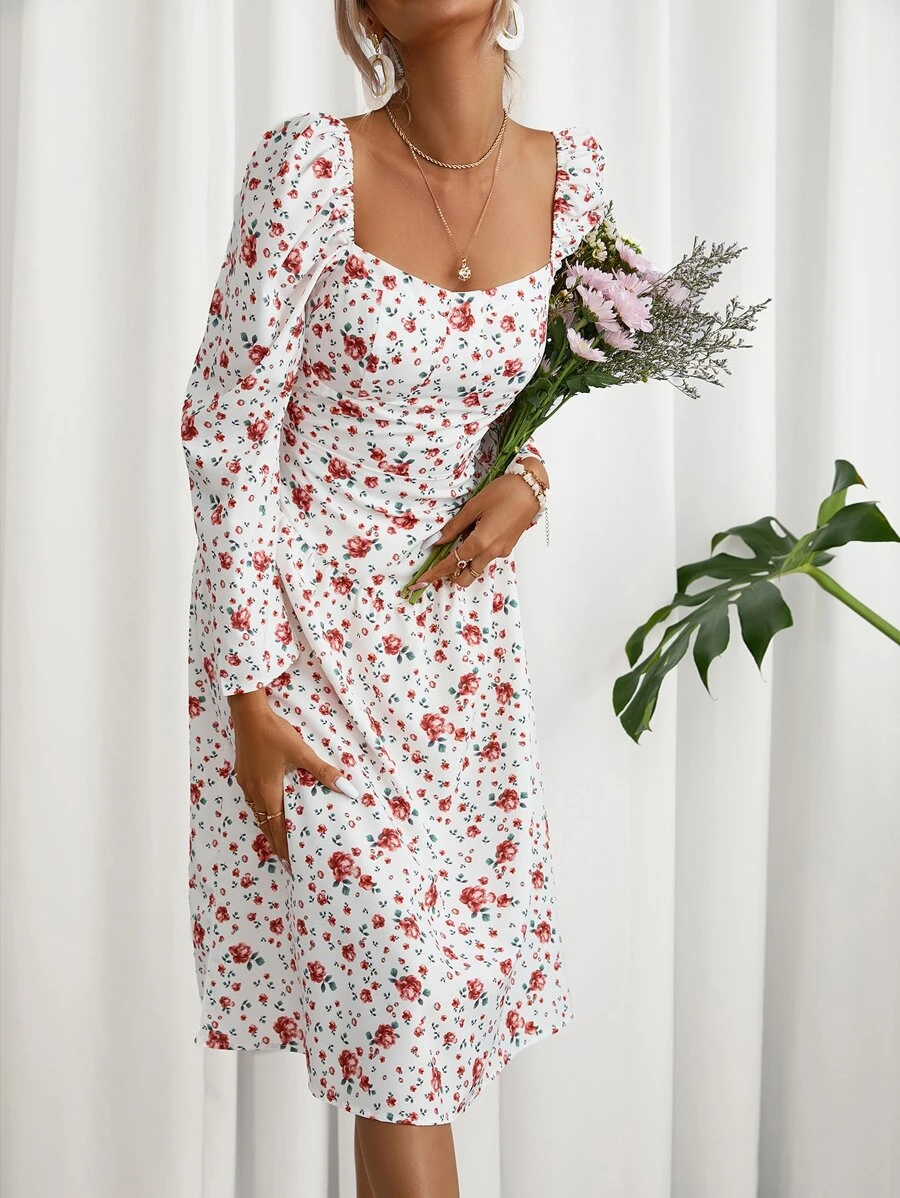 GENKIRA Allover Floral Print Puff Sleeve Dress - Multicolor - View 1