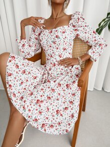 GENKIRA Allover Floral Print Puff Sleeve Dress - Multicolor - View 4