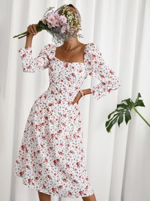 GENKIRA Allover Floral Print Puff Sleeve Dress - Multicolor - View 5