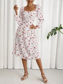 GENKIRA Allover Floral Print Puff Sleeve Dress - Multicolor - View 6