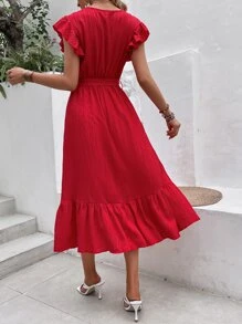 SHEIN Clasi Vestido de manga de mariposa con volantes en el bajo y cinturón para atuendo de mujer de largo vestido para Año Nuevo - Rojo - Ver 2
