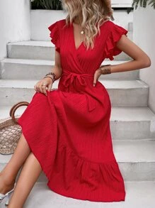 SHEIN Clasi Vestido de manga de mariposa con volantes en el bajo y cinturón para atuendo de mujer de largo vestido para Año Nuevo - Rojo - Ver 3