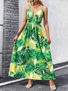 SHEIN VCAY Tropical Print Backless Cami Dress - Green - View 5