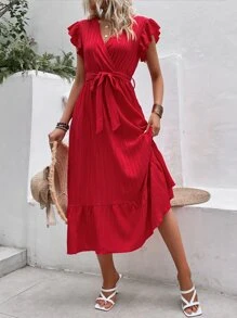 SHEIN Clasi Vestido de manga de mariposa con volantes en el bajo y cinturón para atuendo de mujer de largo vestido para Año Nuevo - Rojo - Ver 6