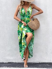 SHEIN VCAY Tropical Print Backless Cami Dress - Green - View 3