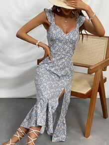 GENKIRA Đầm Xù Viên lá sen Tách cao Họa tiết hoa Boho - Màu xanh lam - Xem 5