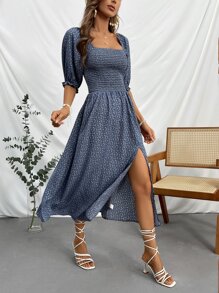 GENKIRA Ditsy Floral Print Square Neck Split Thigh Dress - Blue - View 1