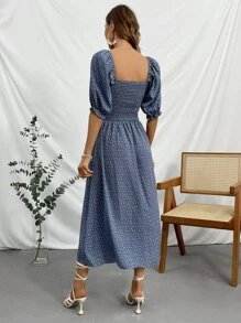 GENKIRA Ditsy Floral Print Square Neck Split Thigh Dress - Blue - View 2