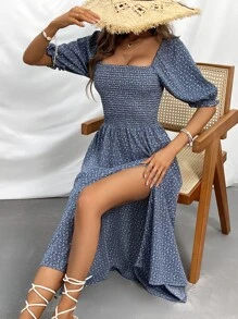 GENKIRA Ditsy Floral Print Square Neck Split Thigh Dress - Blue - View 6