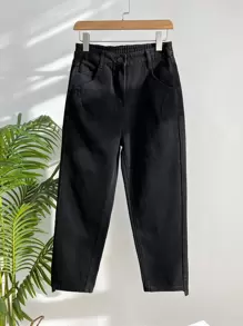 DAZY 1 pieza Jeans mom unicolor con bolsillo oblicuo - Negro - Ver 3