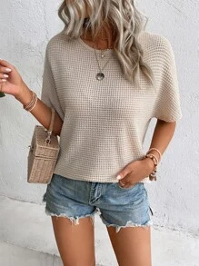 SHEIN LUNE 後綁帶蝙蝠袖T恤 - 杏色 - 查看 2