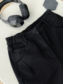 DAZY 1 pieza Jeans mom unicolor con bolsillo oblicuo - Negro - Ver 8