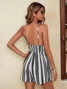 SHEIN VCAY Áo liền quần nữ Lộ Lưng Thắt nơ trước Hình học Gợi cảm - Đen và trắng - Xem 2