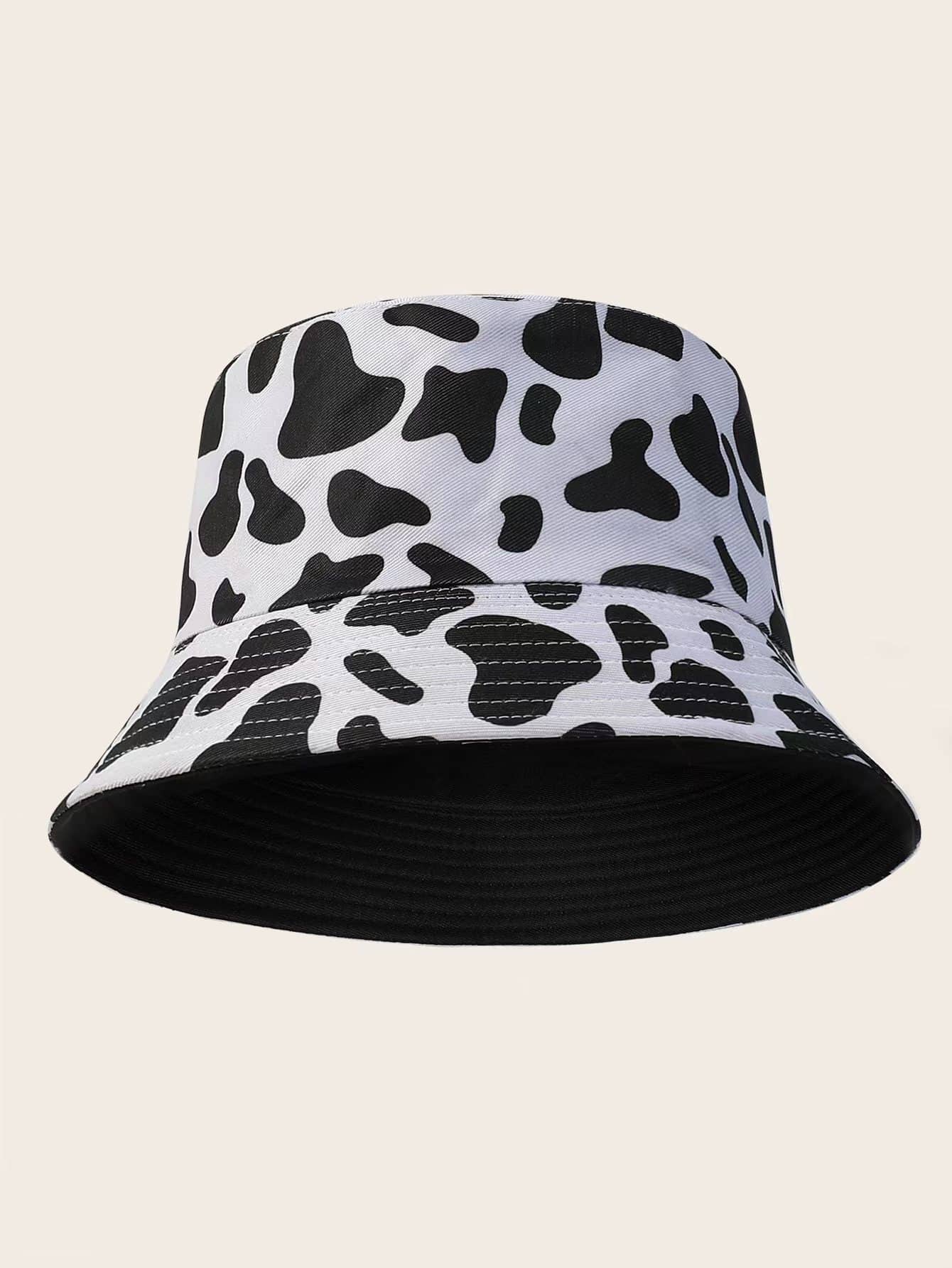 Sombrero de cubo reversible con estampado de vaca y estampado de leopardo para la calle - Blanco y Negro - Ver 1