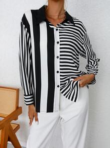 SHEIN LUNE 條紋印花落肩袖襯衫 - 黑與白 - 查看 1