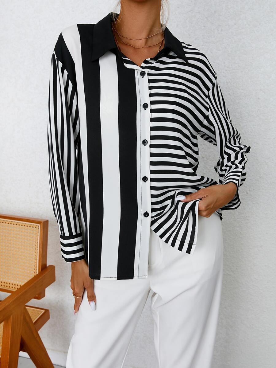 SHEIN LUNE 條紋印花落肩袖襯衫 - 黑與白 - 查看 1