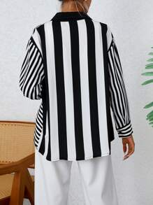 SHEIN LUNE 條紋印花落肩袖襯衫 - 黑與白 - 查看 2
