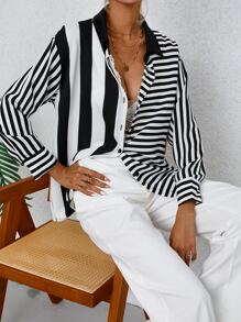 SHEIN LUNE 條紋印花落肩袖襯衫 - 黑與白 - 查看 6