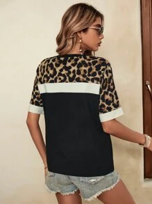SHEIN LUNE Leopard Print Colourblock Tee - Black - View 2