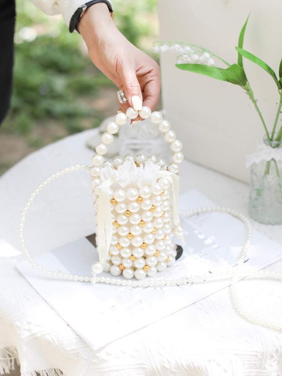 Mini Faux Pearl Decor Bucket Bag - Beige - View 1