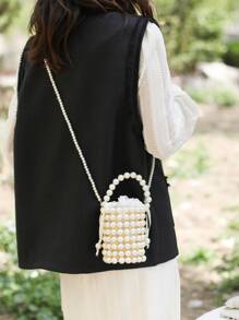 Mini Faux Pearl Decor Bucket Bag - Beige - View 2