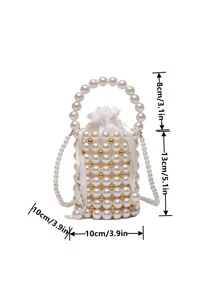 Mini Faux Pearl Decor Bucket Bag - Beige - View 3