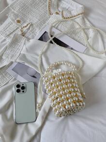 Mini Faux Pearl Decor Bucket Bag - Beige - View 5