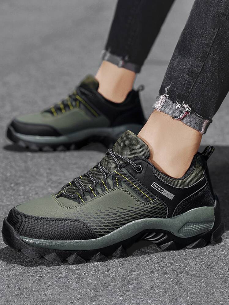 Sporty Sneakers For Men, Letter Graphic Lace-up Front Hiking Shoes - Green - View 3