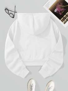 INAWLY 纯色抽绳短款保暖内衬连帽衫，长袖上衣