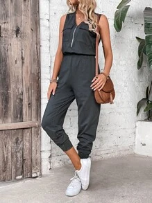 Chiquease Áo liền quần nữ Dây kéo Túi màu trơn Giải trí - màu đen - Xem 1