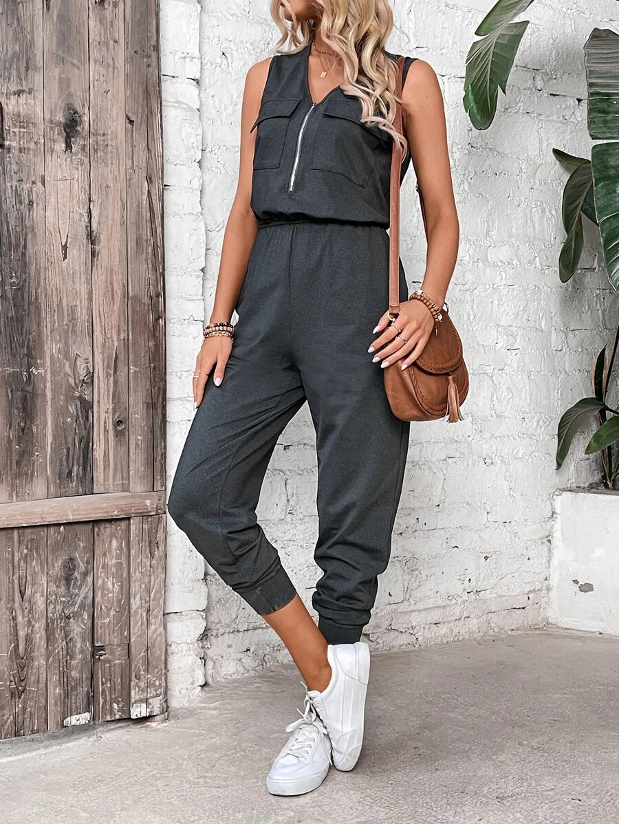 Chiquease Áo liền quần nữ Dây kéo Túi màu trơn Giải trí - màu đen - Xem 1