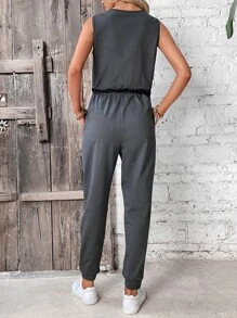 Chiquease Áo liền quần nữ Dây kéo Túi màu trơn Giải trí - màu đen - Xem 2