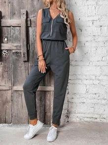 Chiquease Áo liền quần nữ Dây kéo Túi màu trơn Giải trí - màu đen - Xem 4