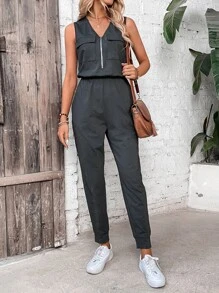 Chiquease Áo liền quần nữ Dây kéo Túi màu trơn Giải trí - màu đen - Xem 5