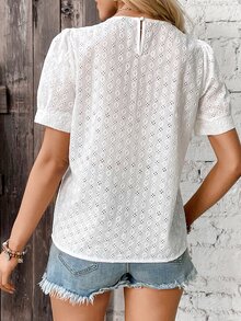 SHEIN VCAY Eyelet Embroidery Puff Sleeve Blouse - White - View 2
