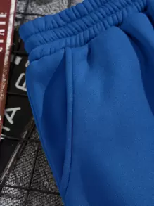 Manfinity Dauomo Pantalones cortos con cintura con cordón y bolsillos en diagonal para hombres - azul real - Ver 4