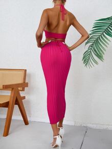 SHEIN VCAY 鏤空後背繫帶吊脖針織上衣和針織短裙 - 玫紅色 - 查看 2