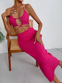 SHEIN VCAY 鏤空後背繫帶吊脖針織上衣和針織短裙 - 玫紅色 - 查看 4