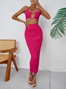 SHEIN VCAY 鏤空後背繫帶吊脖針織上衣和針織短裙 - 玫紅色 - 查看 5