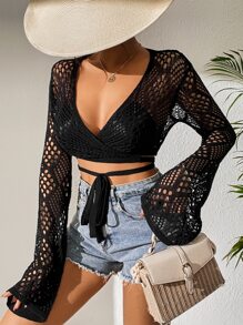 SHEIN WYWH Hollow Out Flounce Sleeve Crop Cardigan - Black - View 1