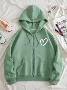 SHEIN Essnce 愛心圖案拉鏈開襟抽繩加絨內裏連帽衫 - 薄荷綠 - 查看 1