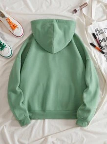 SHEIN Essnce 愛心圖案拉鏈開襟抽繩加絨內裏連帽衫 - 薄荷綠 - 查看 2