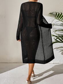 Tie Front Open Knit Kimono - Black - View 2