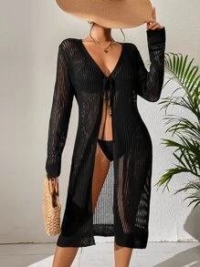 Tie Front Open Knit Kimono - Black - View 4