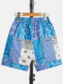 SHEIN Tween Boy Paisley Print Drawstring Waist Shorts - Blue - View 2