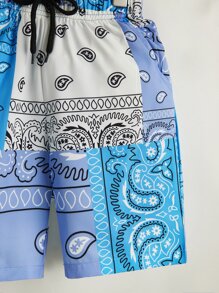 SHEIN Tween Boy Paisley Print Drawstring Waist Shorts - Blue - View 4