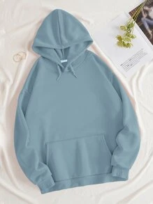 SHEIN EZwear 素色袋鼠口袋抽繩加絨內裏連帽衫 - 霧霾藍 - 查看 1